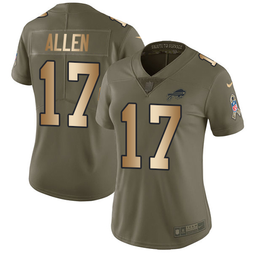 Nike Bills #17 Josh Allen Olive/Gold Women's Stitched NFL Limited Salute to Service Jersey - Click Image to Close